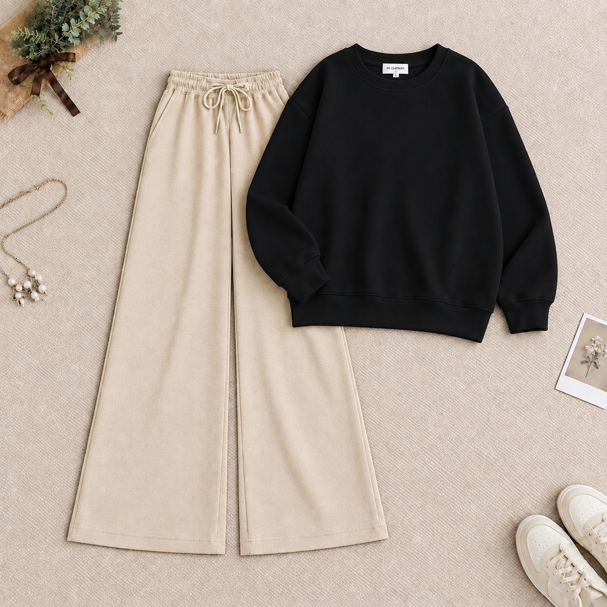 Black Sweatshirt & Beige Flapper Trouser Tracksuit