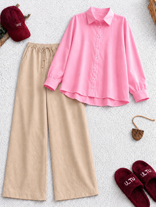 Pack Of 2 Pink Button down with Beige Flapper Trouser