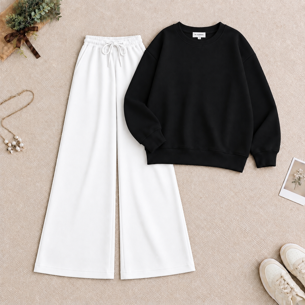 Black Sweatshirt & White Flapper Trouser Tracksuit