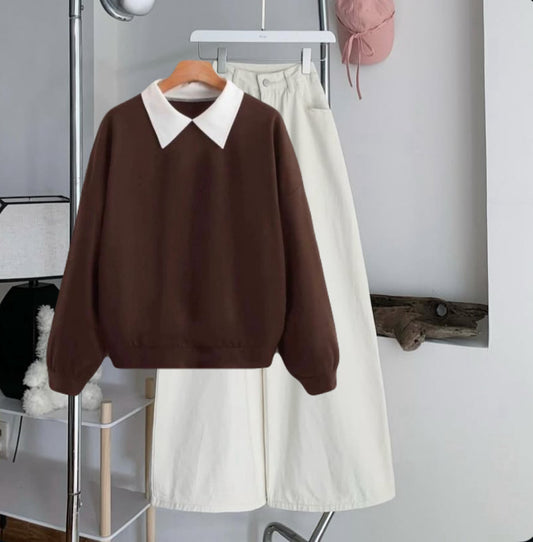 Brown Collar Sweatshirt with White Wide-Leg Jeans – Premium Casual Wear