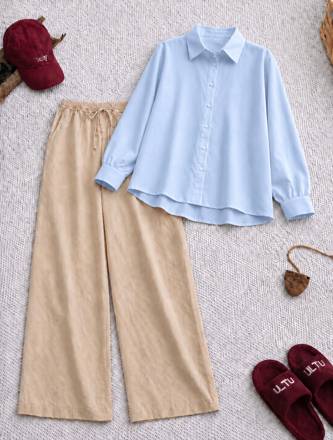 Pack Of 2 Sky  Button down with Beige Flapper Trouser