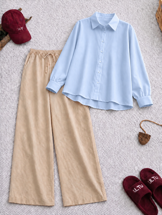 Pack Of 2 Sky  Button down with Beige Flapper Trouser