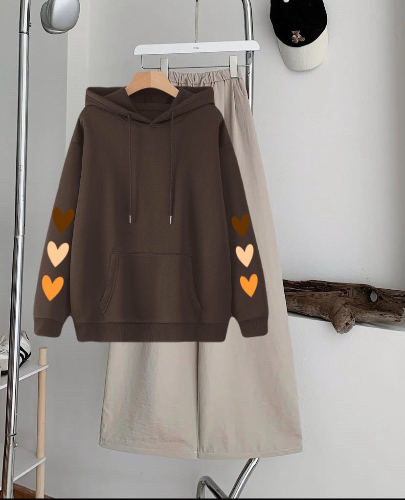 Pack of 2 multi hearts sleeves  Brown  Hoodie  with Beige  Flapper Trouser