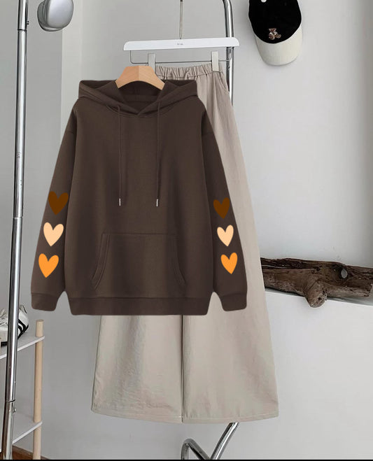 Pack of 2 multi hearts sleeves  Brown  Hoodie  with Beige  Flapper Trouser