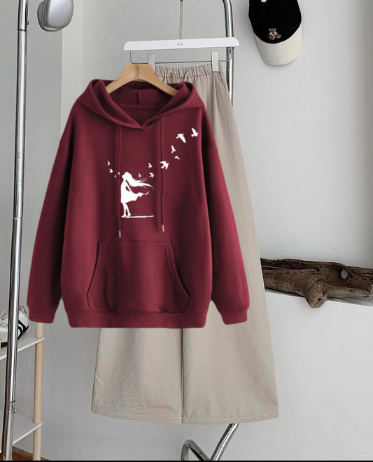 Pack of 2 Girl Bird Maroon  Hoodie  with Beige  Flapper Trouser