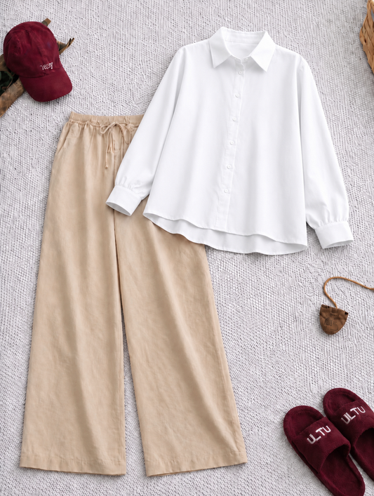 Pack Of 2 White Button down with Beige Flapper Trouser