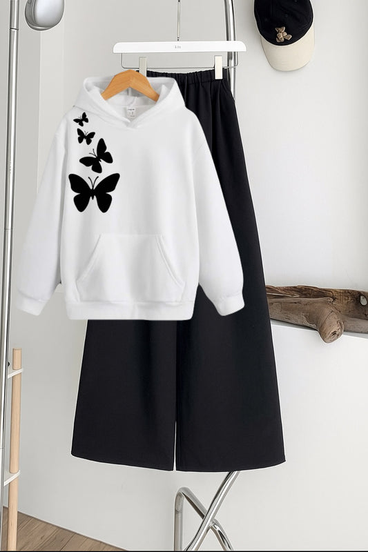 Pack of 2 Shoulder Butterfly White  Hoodie  with Black  Flapper Trouser