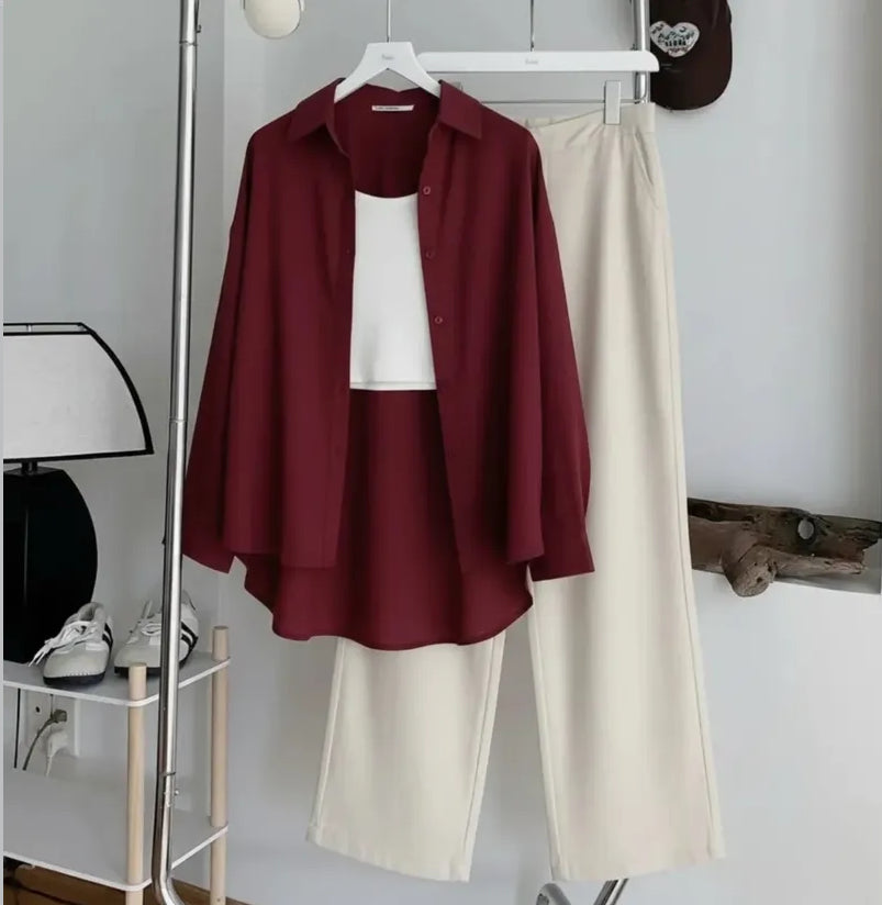 Pack Of 3 Maroon Button down + Inner with Skin Flapper Trouser