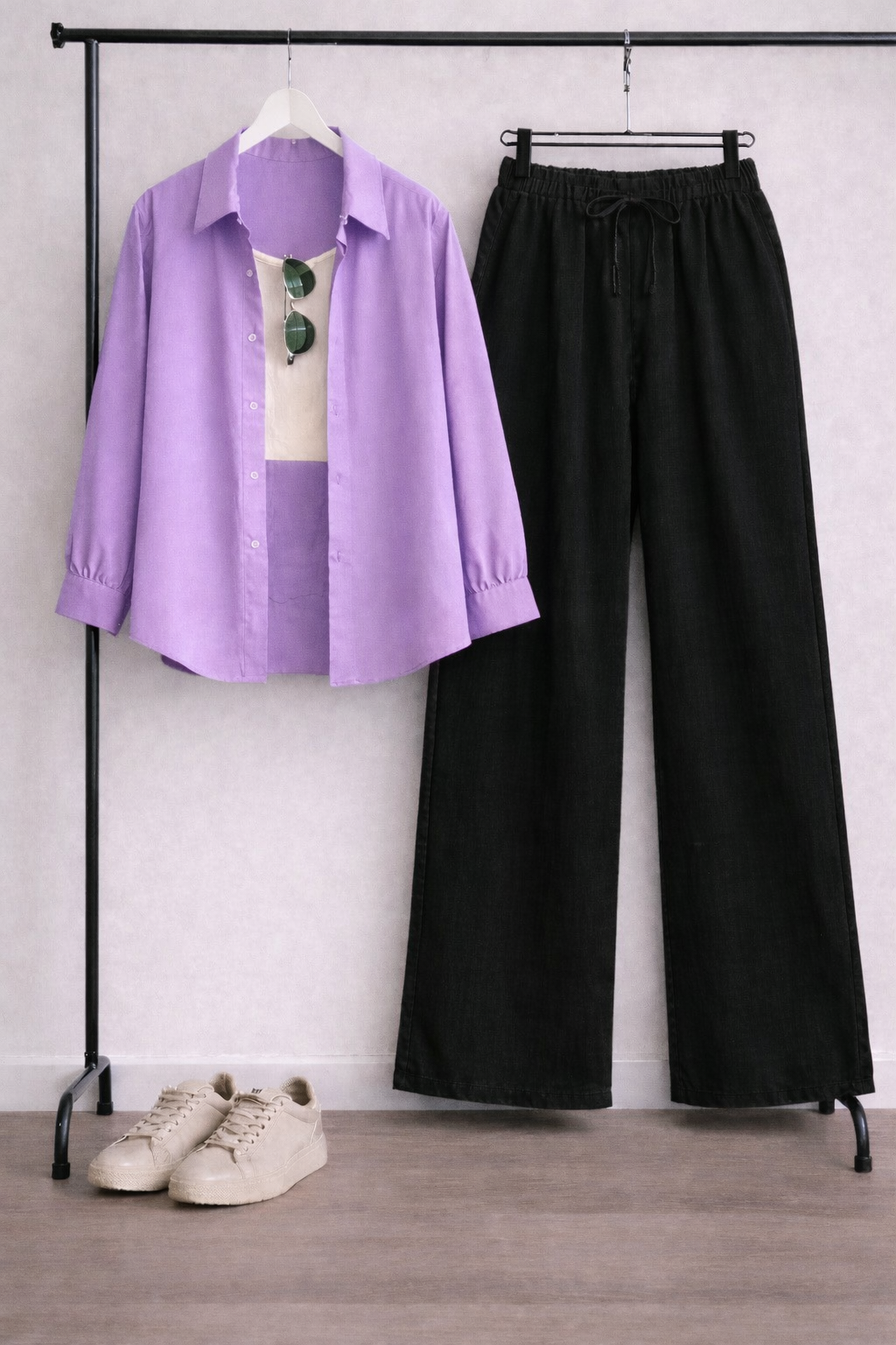 Pack Of 3 Lilac Button down + Tank Top With Black Flapper Trouser