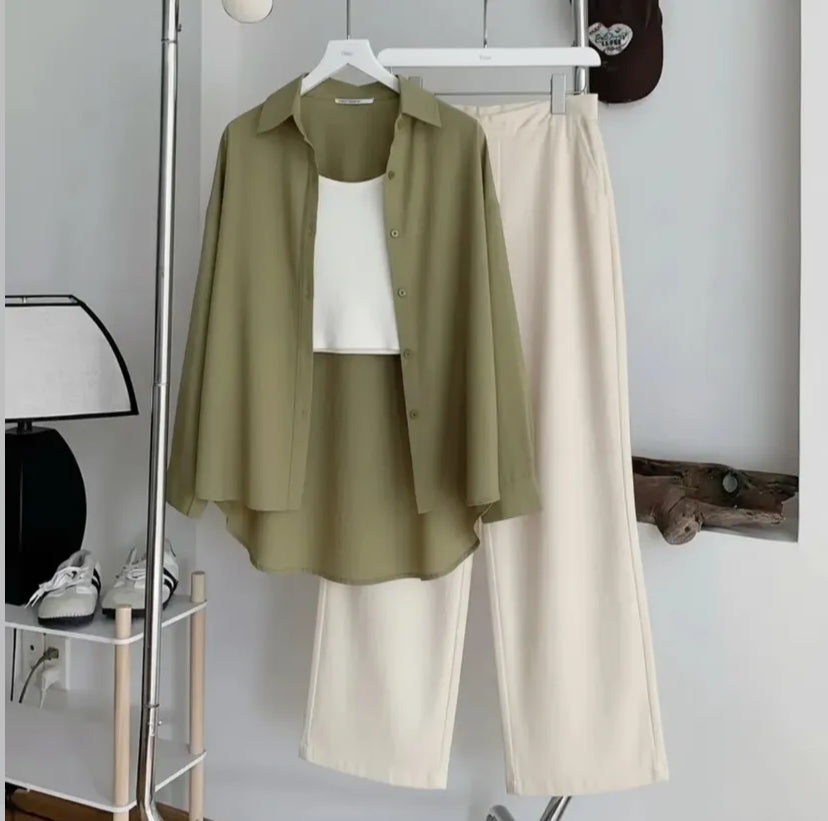 Pack Of 3 Olive Button down + Inner with Skin Flapper Trouser