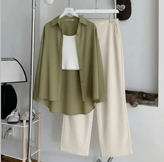 Pack Of 3 Olive Button down + Inner with Skin Flapper Trouser