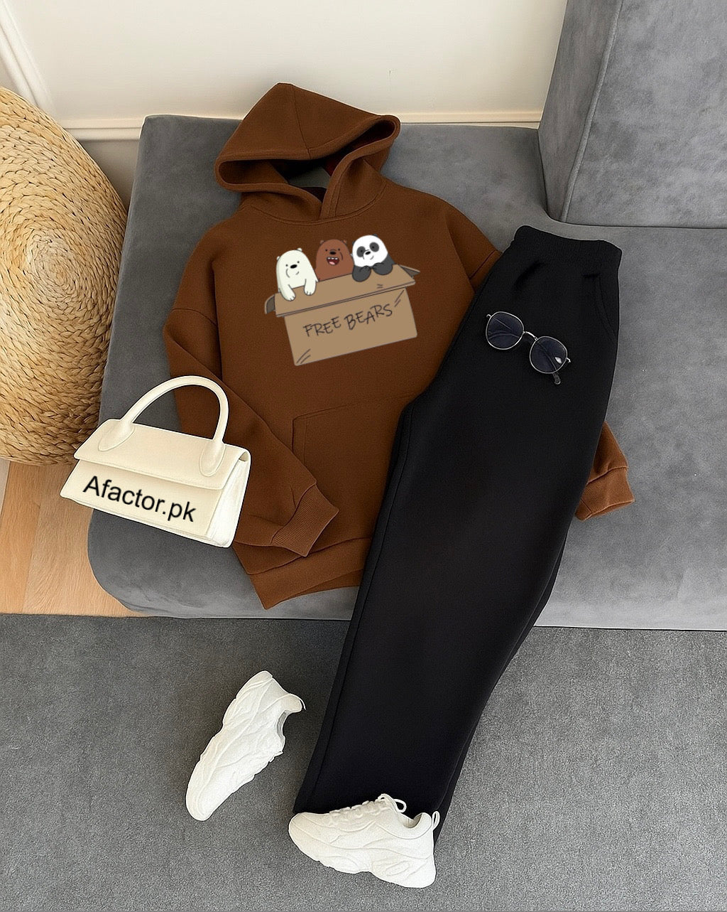 Pack of 2 Free Bear Brown   Hoodie  with Black  Flapper Trouser