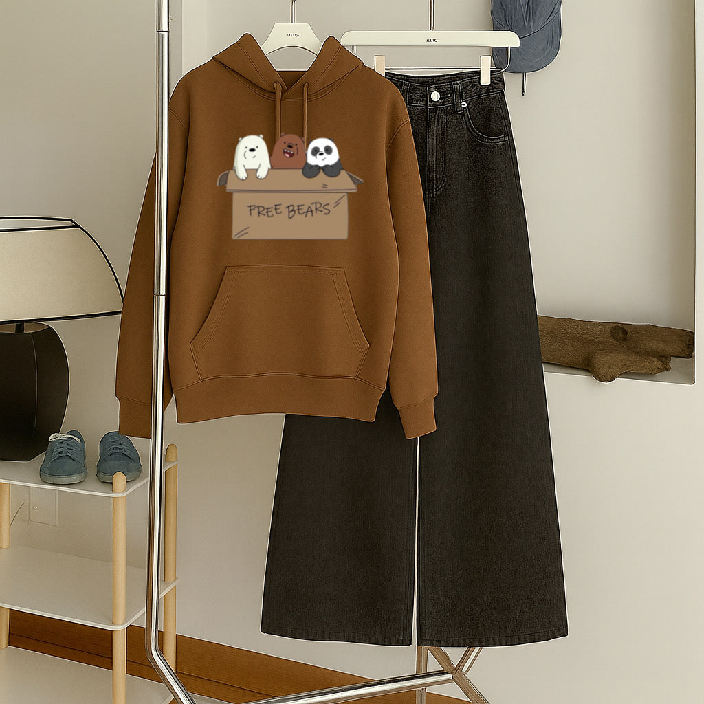 Free Bear Brown Hoodie With Black Wide Leg Jeans