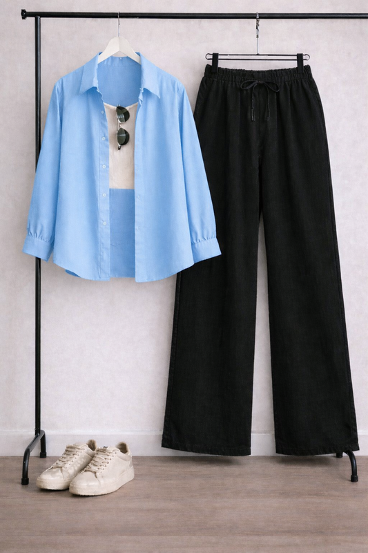 Pack Of 3 Sky Button down + Tank Top With Black Flapper Trouser