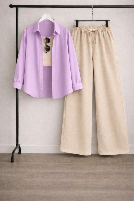 Pack Of 3 Lilac Button down + Tank Top With Beige Flapper Trouser