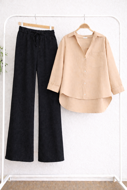 Pack Of 2 Skin Button down with Black Flapper Trouser
