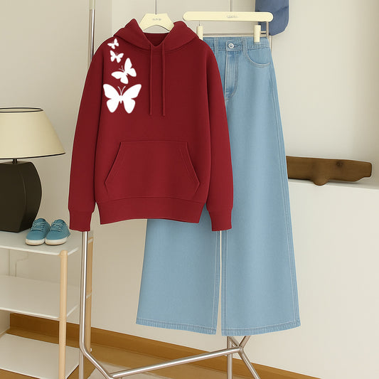 Shoulder butterfly Maroon Hoodie With Sky Wide leg jeans