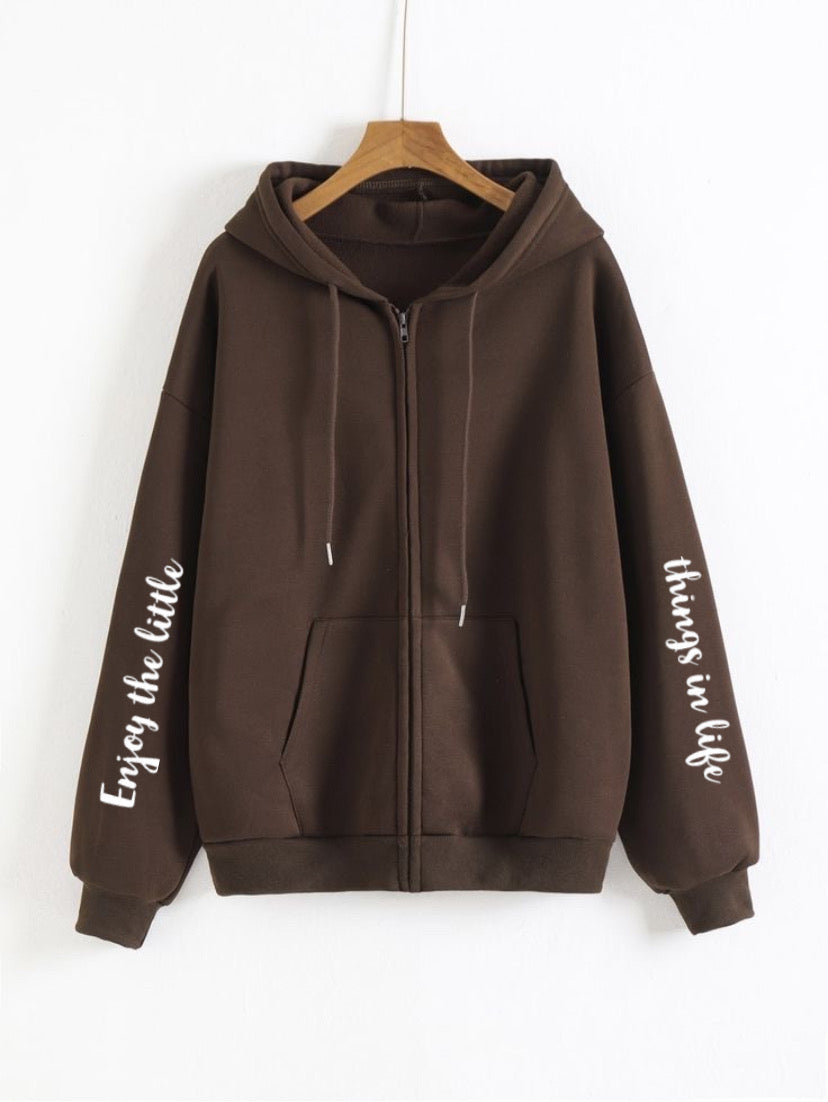 Little thing Sleeves Brown Zipper Hoodie