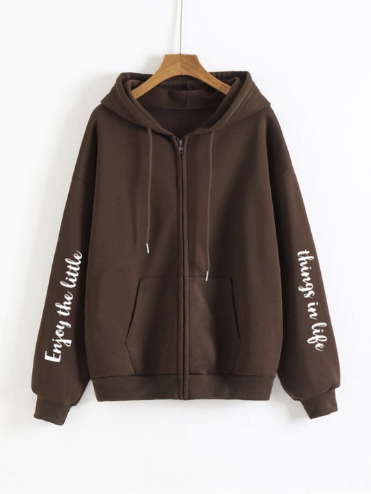 Little thing Sleeves Brown Zipper Hoodie