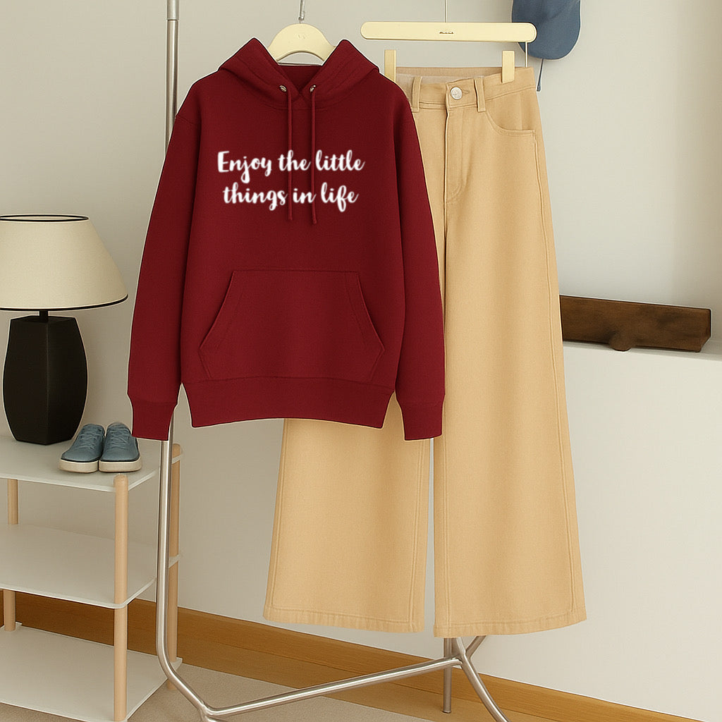 Maroon hoodie Enjoy the little thing with Beige wide leg jeans