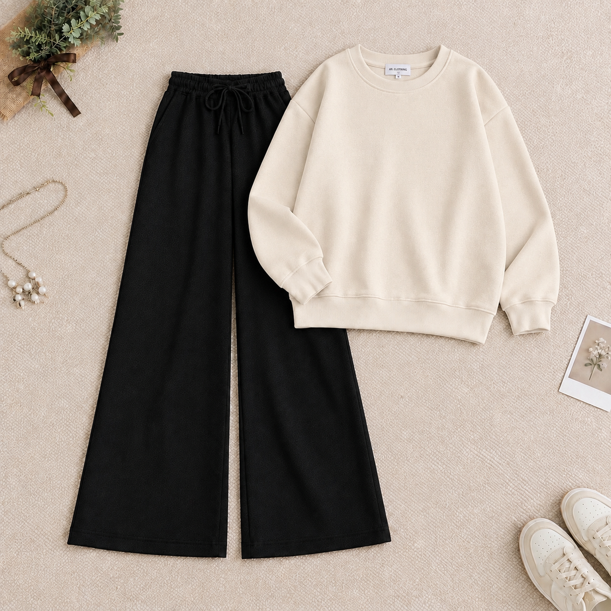 Beige Sweatshirt & Black Flapper Trouser Tracksuit