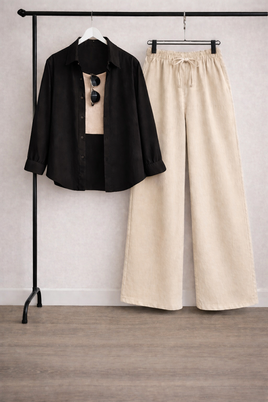 Pack Of 2 Button down + Tank Top With Beige Flapper Trouser