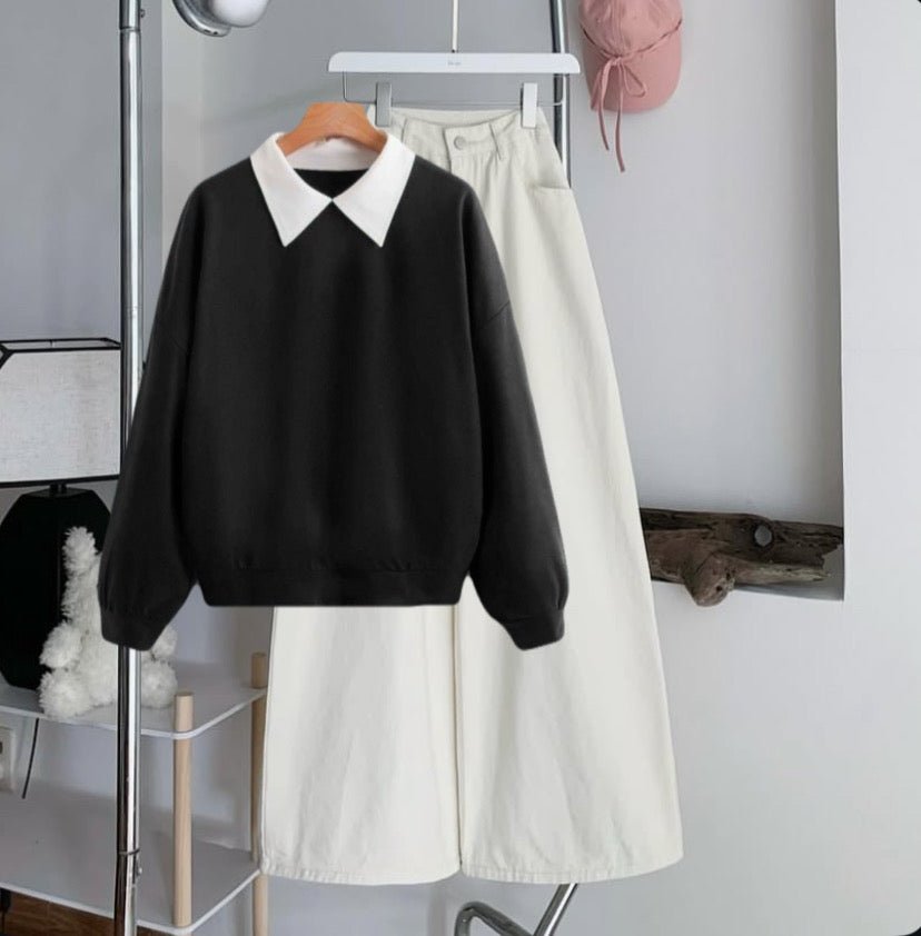 (Copy) Black Collar Sweatshirt with White Wide-Leg Jeans – Premium Casual Wear