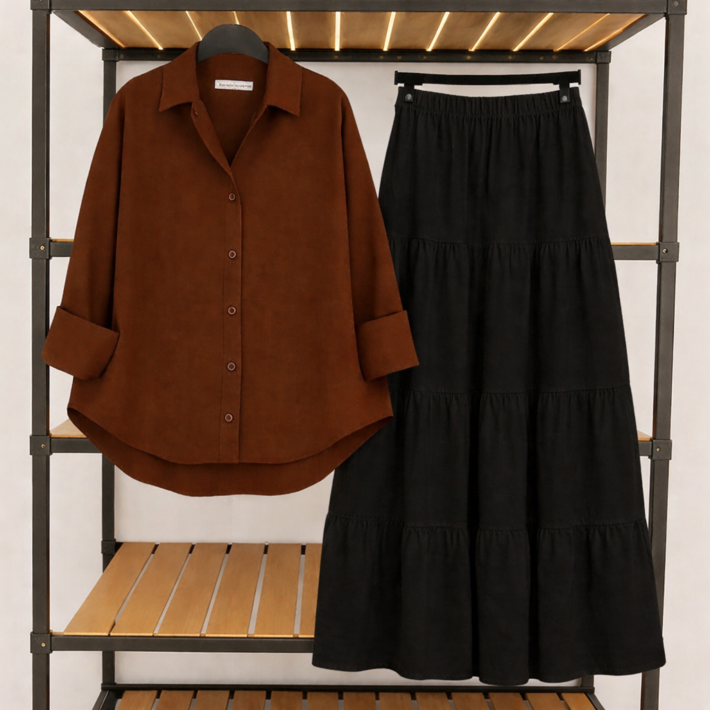 Pack Of 2 Brown Button down Shirt  with Black Three Tier Skirt