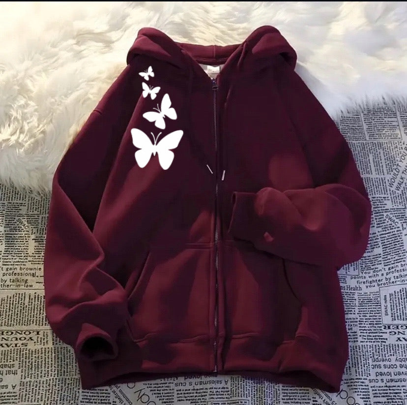 Shoulder butterfly Maroon zipper Hoodie