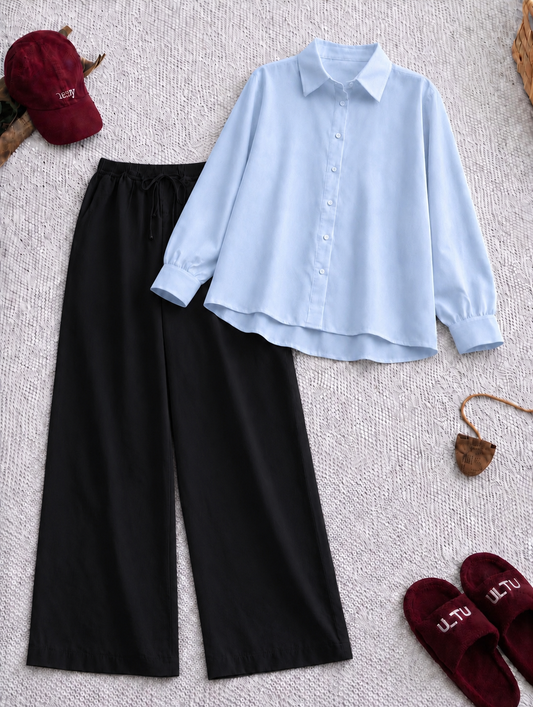 Pack Of 2 Sky Button down with Black Flapper Trouser
