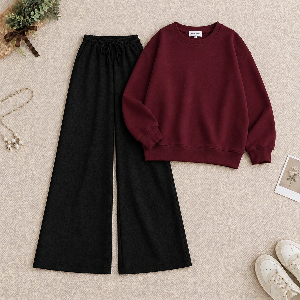Maroon Sweatshirt & Black Flapper Trouser Tracksuit