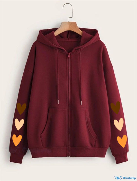Multi Hearts Sleeves Maroon Zipper Hoodie