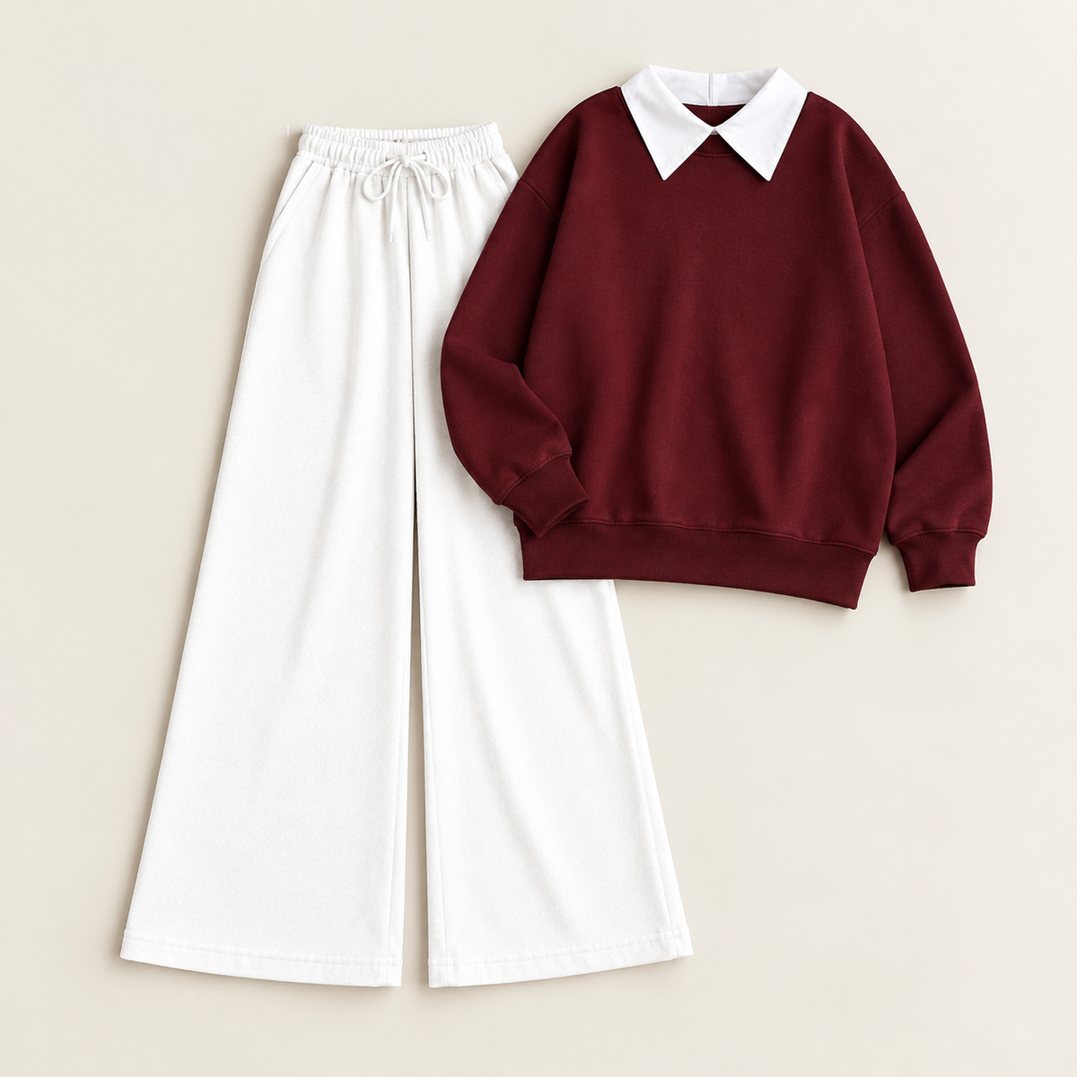 Maroon Collar Sweatshirt & White Flapper Trouser Tracksuit
