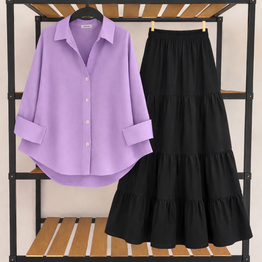 Pack Of 2 Lilac Button down Shirt  with Black Three Tier Skirt