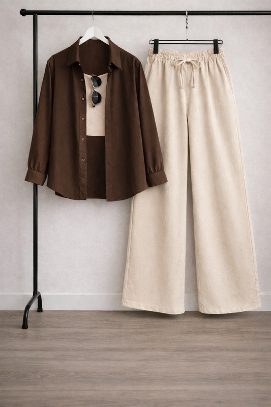 Pack Of 3 Brown Button down + Tank Top With Beige Flapper Trouser