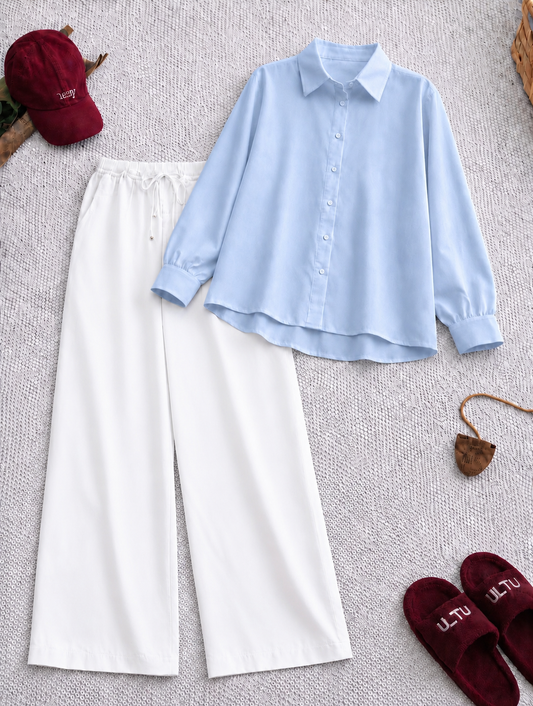 Pack Of 2 Sky Button down with White  Flapper Trouser