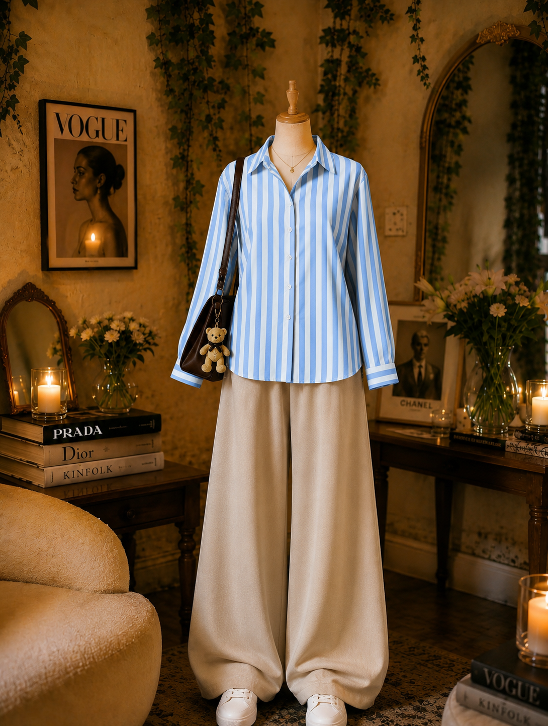 Pack Of 2 sky Lining Button down with  Beige Flapper Trouser