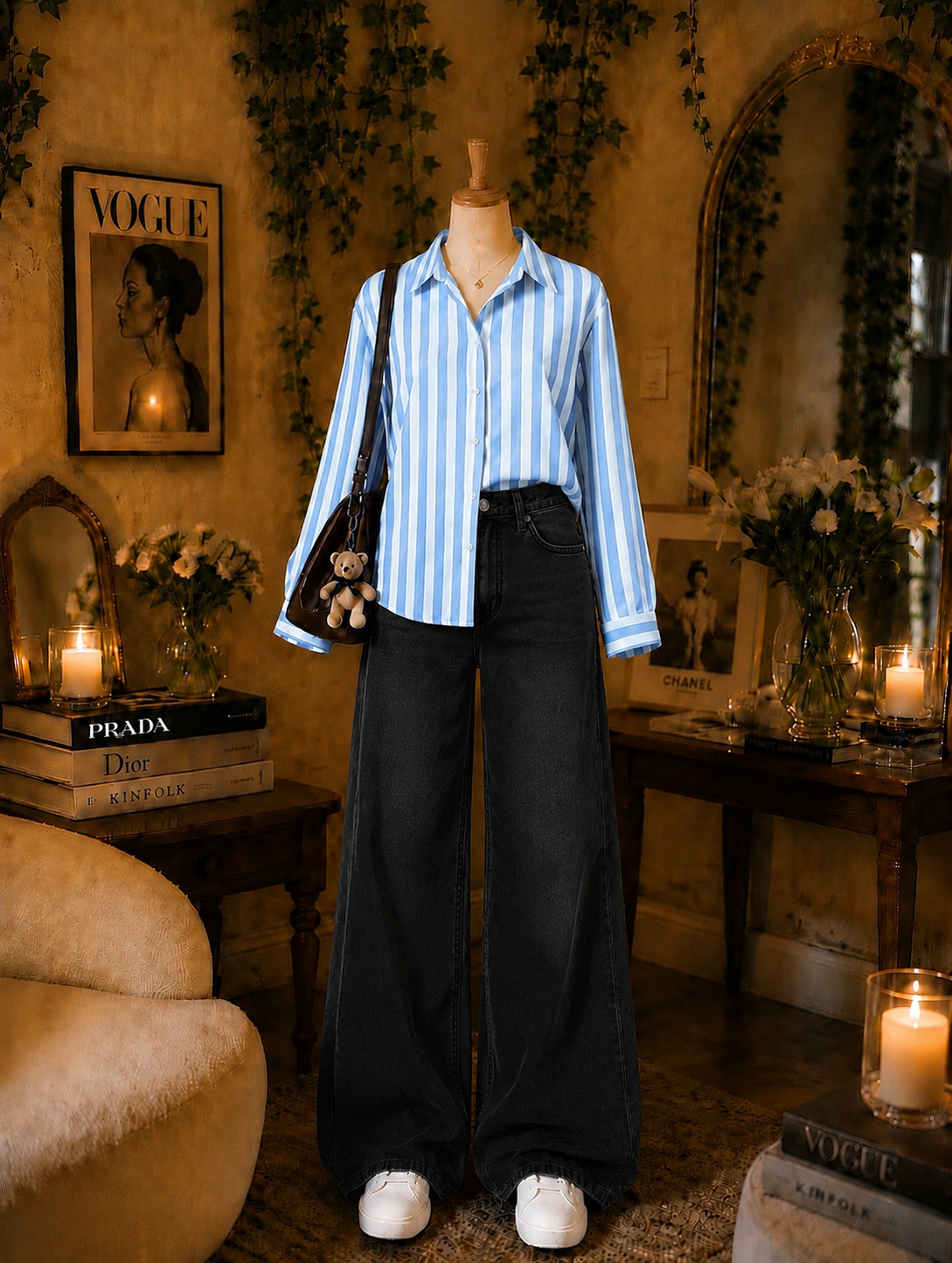 Pack Of 2 Sky lining Button down with Black wide leg jeans