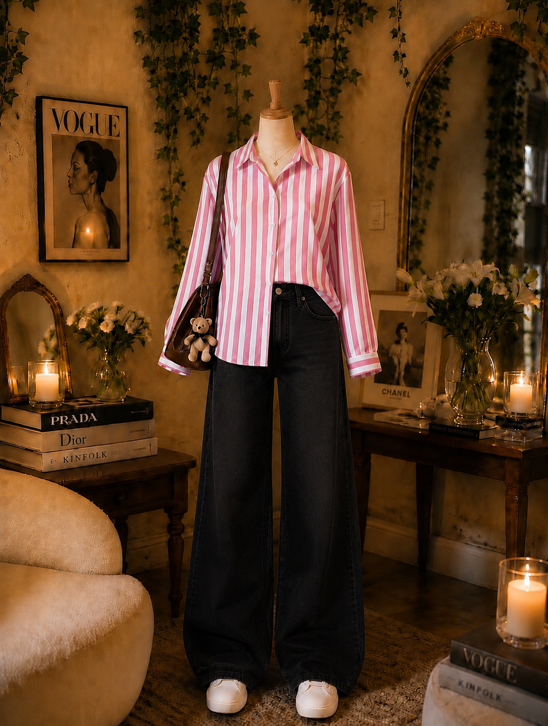 Pack Of 2 pink lining Button down with Black wide leg jeans