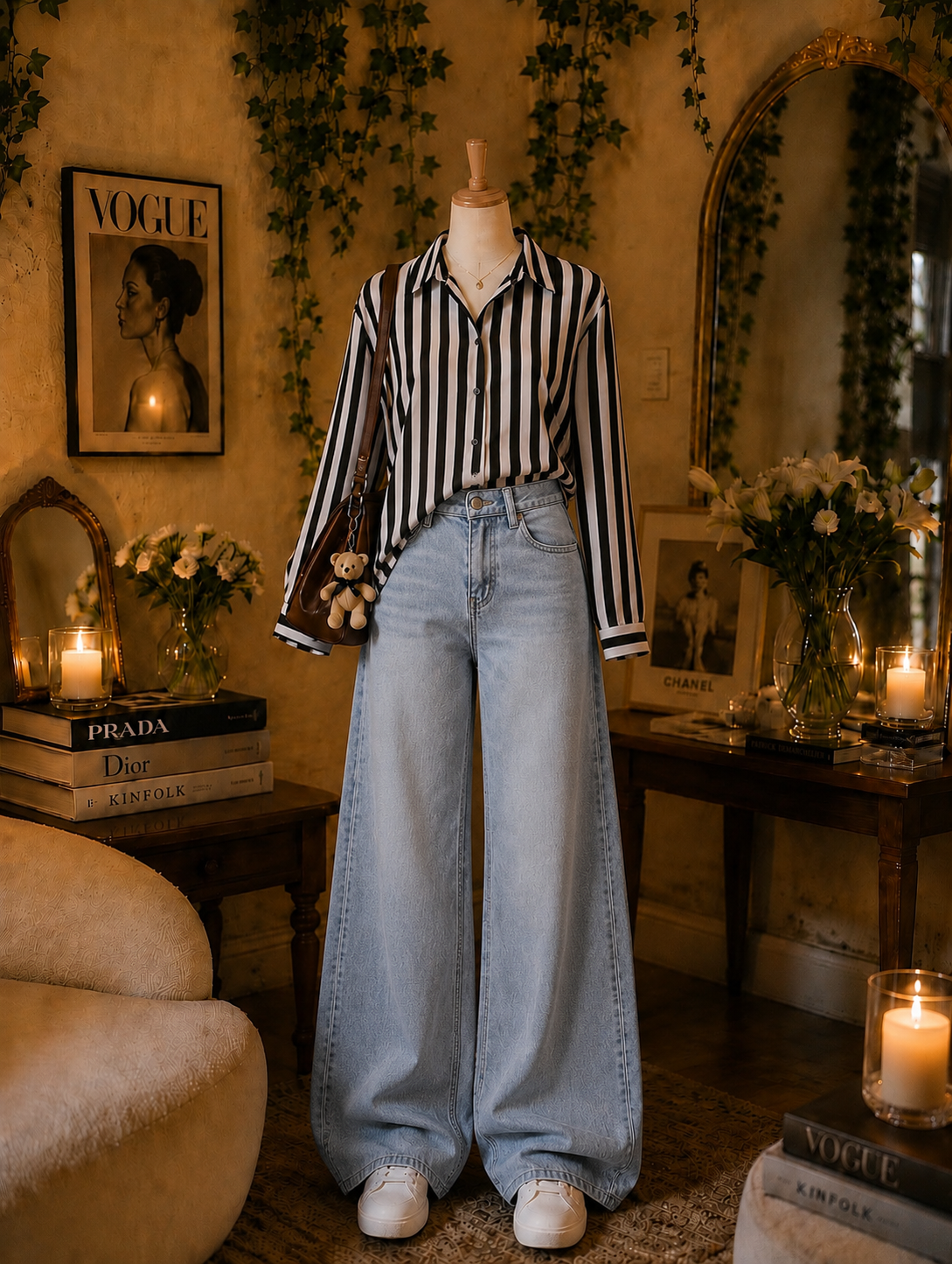 Pack Of 2 Black lining Button down with Sky wide leg jeans