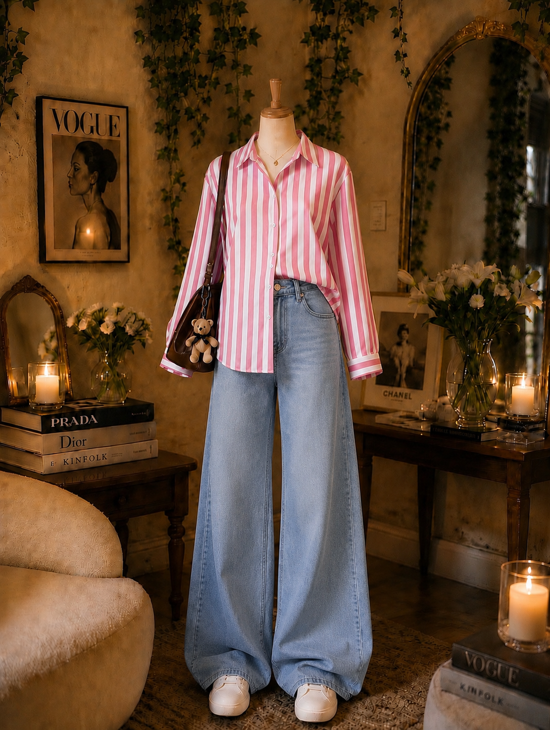 Pack Of 2 Pink lining Button down with Sky wide leg jeans