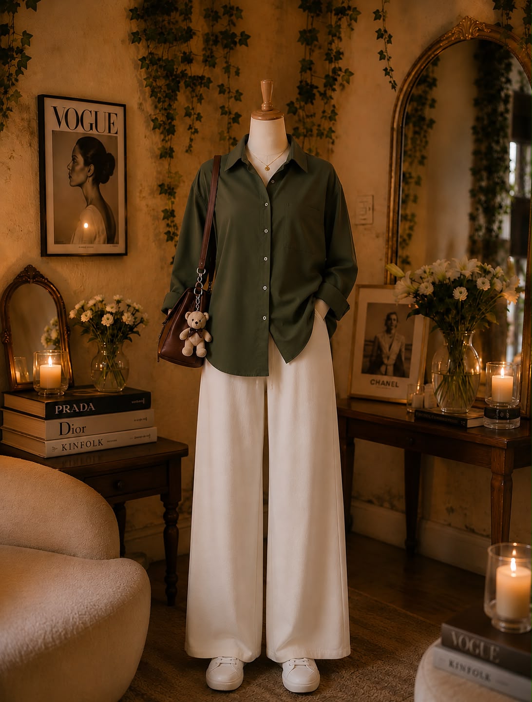 Pack Of 2 Olive Button down with Beige  Flapper Trouser