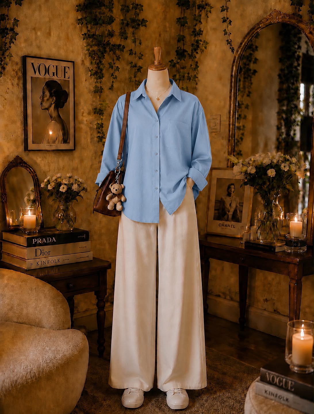 Pack Of 2 Sky Button down with   Beige Flapper Trouser