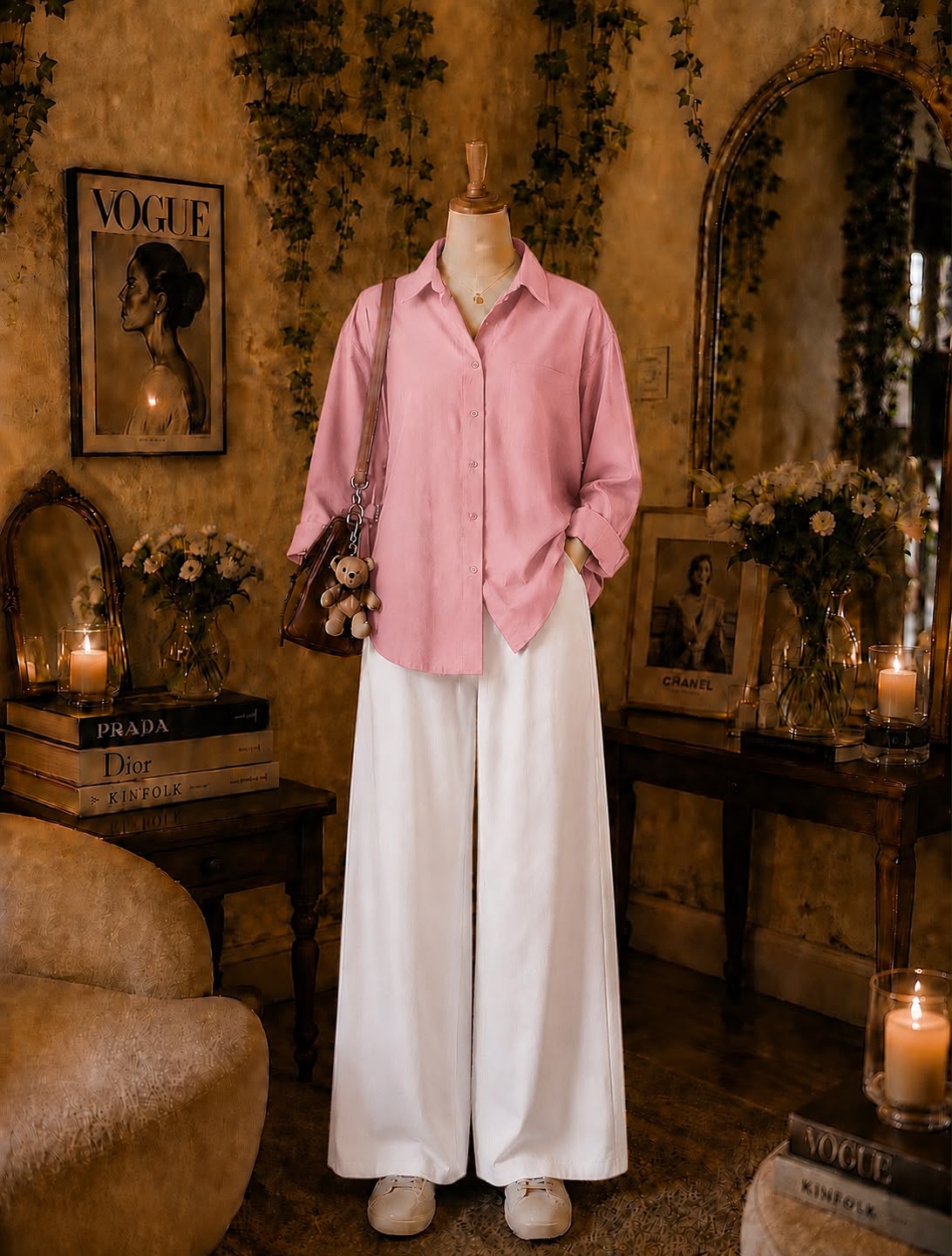 Pack Of 2  pink Button down with White  Flapper Trouser