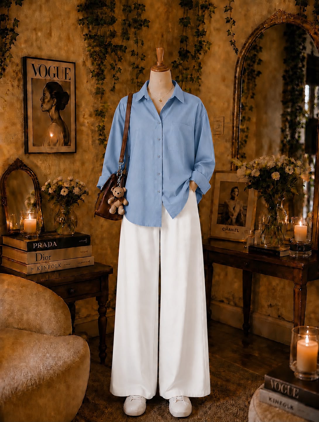 Pack Of 2 Sky  Button down with   white Flapper Trouser